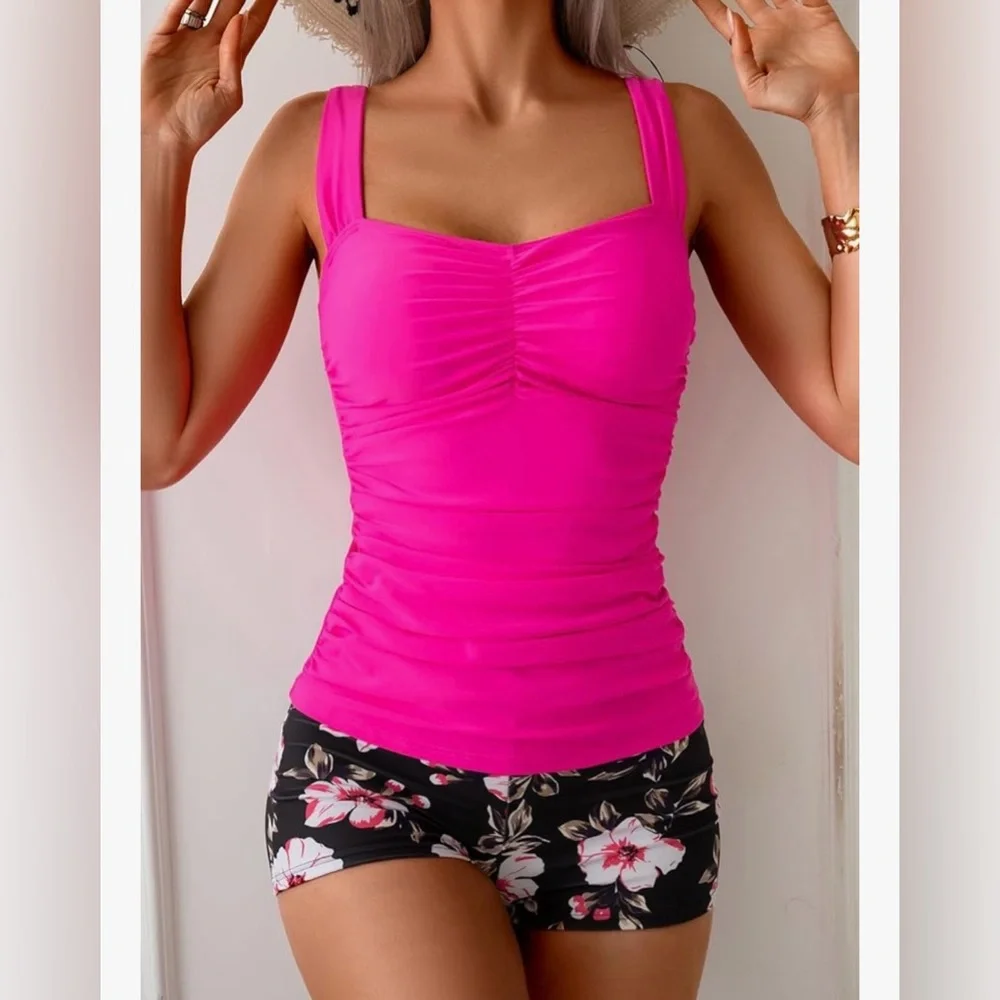Women’s Ruched Tankini Top and bottoms set in Hot Pink - Picture 4 of 10